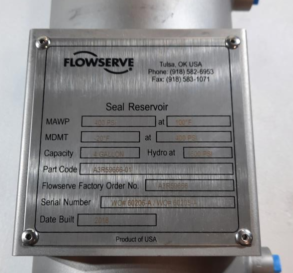 Flowserve 4 Gallon SS Seal Pot, 400 PSI @ 100°F, P/N: A3R59666-01