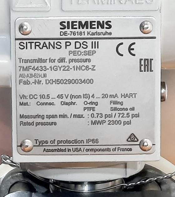 Siemens Sitrans P DS III Differential Pressure Transmitter 7MF4433-1GY22-1NC6-Z