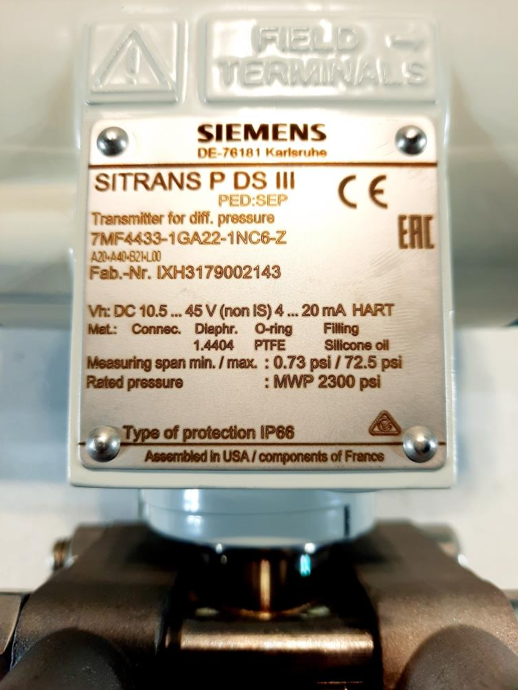 Siemens Sitrans P Series DS III Pressure Transmitter 7MF-4433-1GA22-1NC6-Z