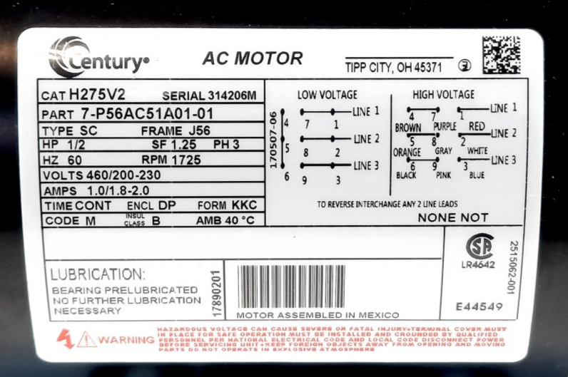 Century H275V2, 1/2 HP, Belt Drive Blower Motor