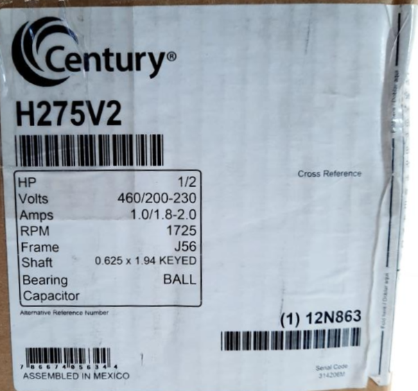 Century H275V2, 1/2 HP, Belt Drive Blower Motor