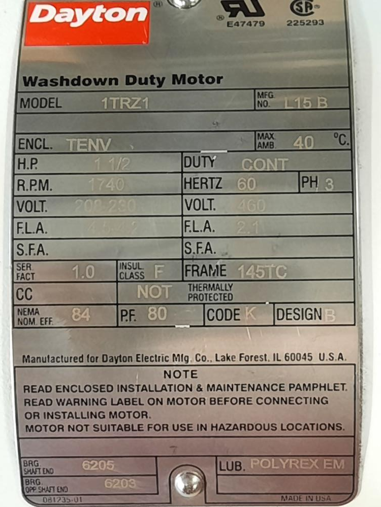 Dayton Washdown  Motor 1-1/2 HP Motor, Phase-3, R.P.M: 1740, Frame 145TC