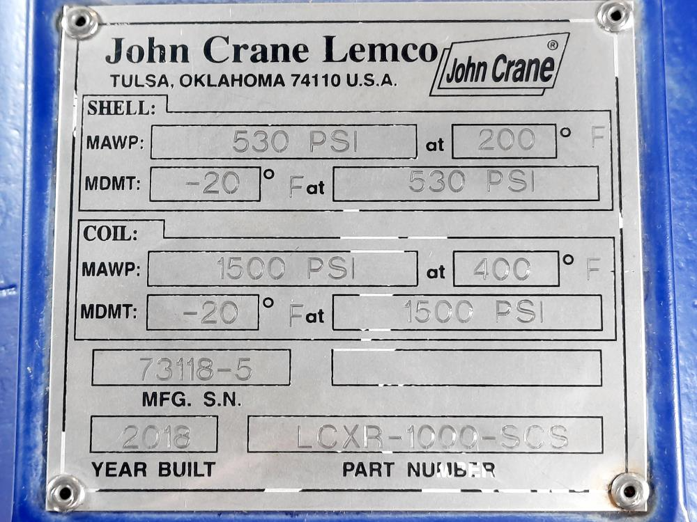 John Crane Shell & Tube Water Cooled Heat Exchanger LCXR-1000-SCS