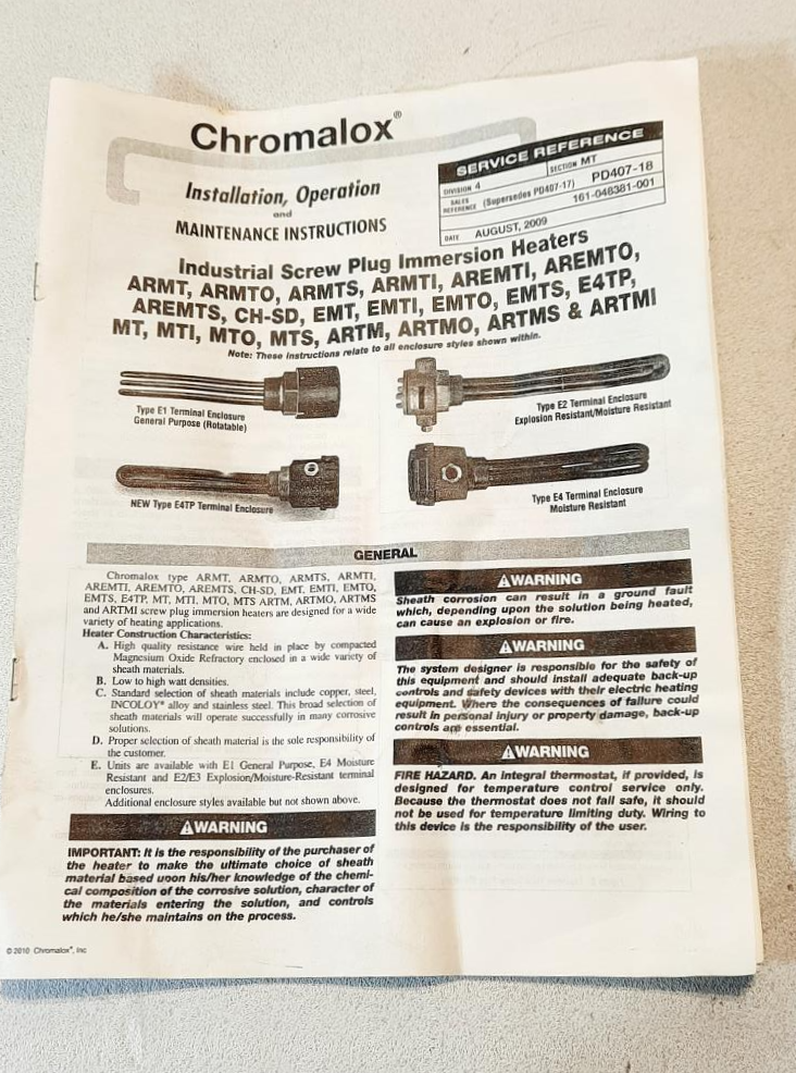 Chromalox Immersion Heater Cat. # aremts-3205e2t2xx P/N:305613008