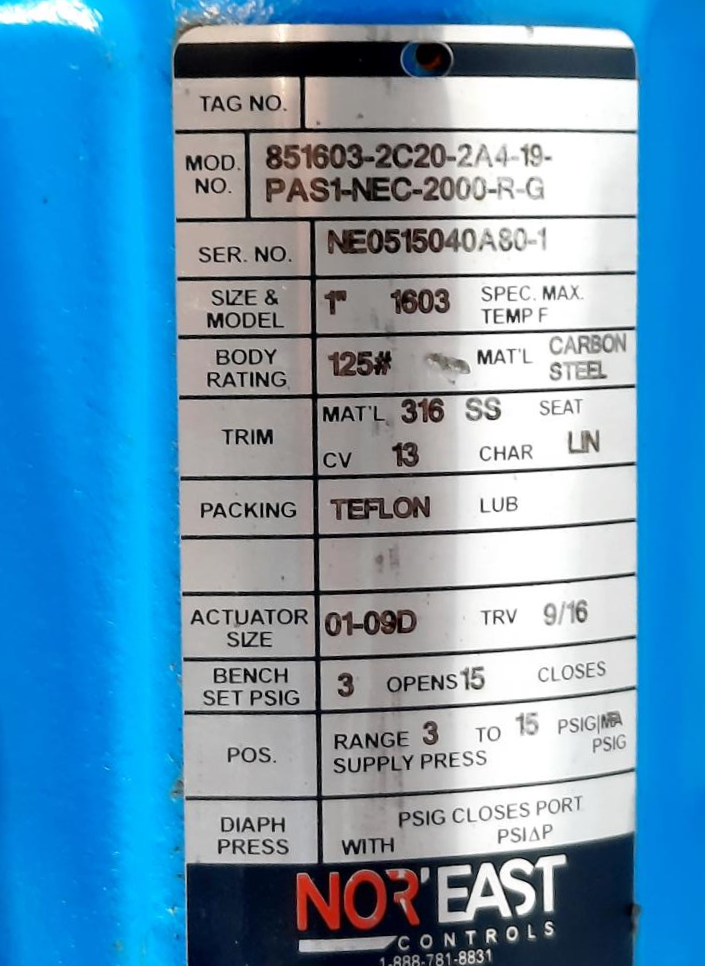 Noreast Control Valve W/  Nec 2000 Pneumatic Valve Positioner 