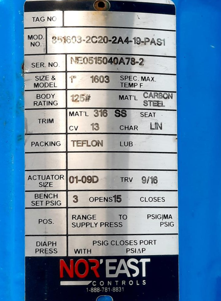 Nor'East 1" Control Valve 851603-2C20-2A4-19-PAS1