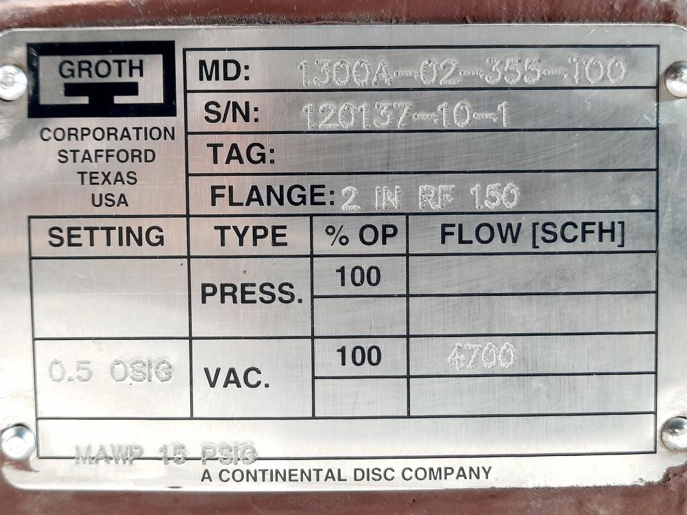 GROTH 2" 150# RF Vacuum Pressure Relief Vent Valve 1300A-02-355-T00 
