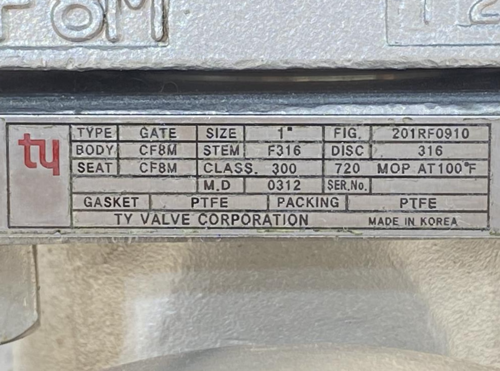 TY 1" 300#  RF CF8M Gate Valve 201RF0910