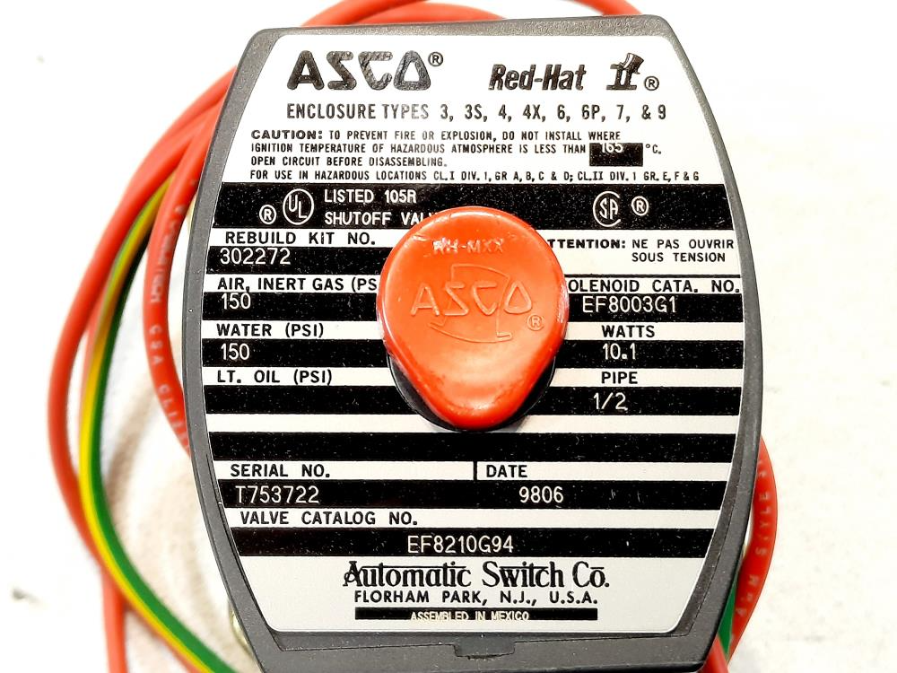 Asco Red Hat 1/2" 2- Way Brass Solenoid Valve EF8210G94 / EF8003G1