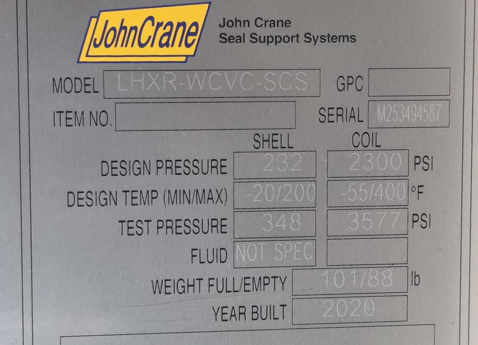 John Crane Shell & Tube Water Cooled Heat Exchanger LHXR-WCVC-SCS