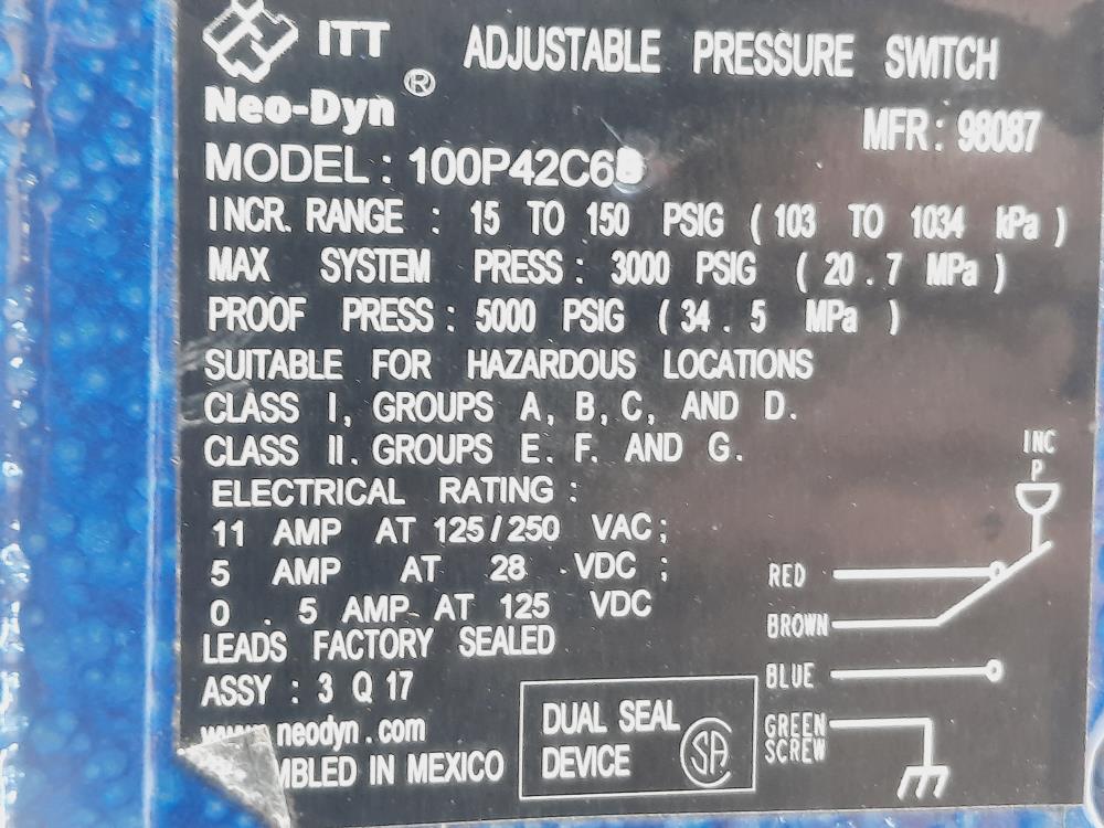 ITT Neo-Dyn Adjustable Pressure Switch Series 100P42C6B