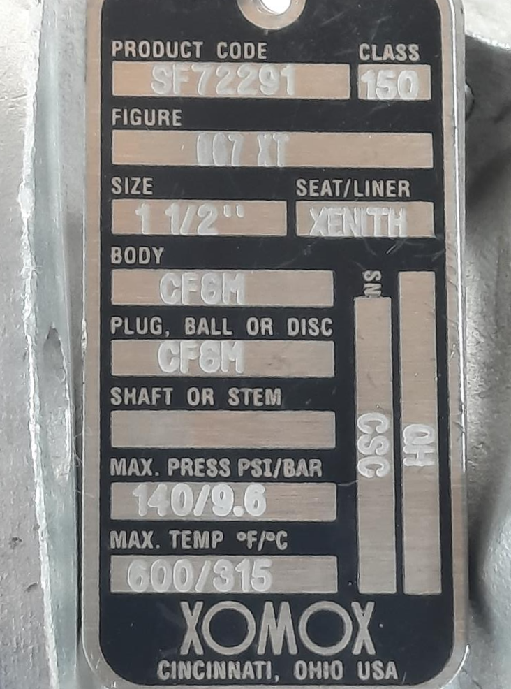 Xomox Tufline 1-1/2" 150# CF8M RF Flanged Plug Valve 