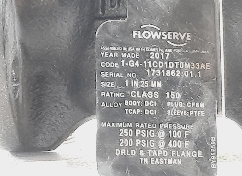 Durco  Flowserve 1" 150# Flanged DI/CF8M Plug Valve 1-G4-11CD1DTOM33AE