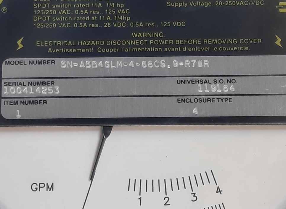 Universal Flow Monitor - Model #:SN-ASB4GLM-4-6BCS-9-R7WR