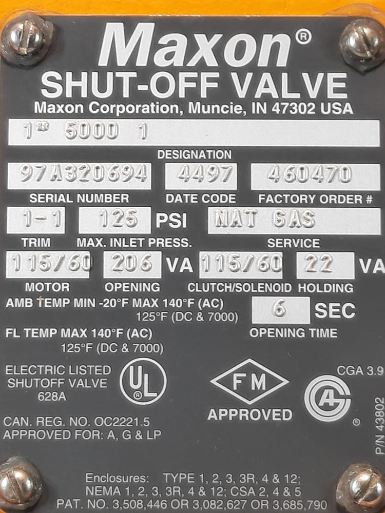 Maxon 1" NPT Natural Gas Shut-Off Valve 5000 1