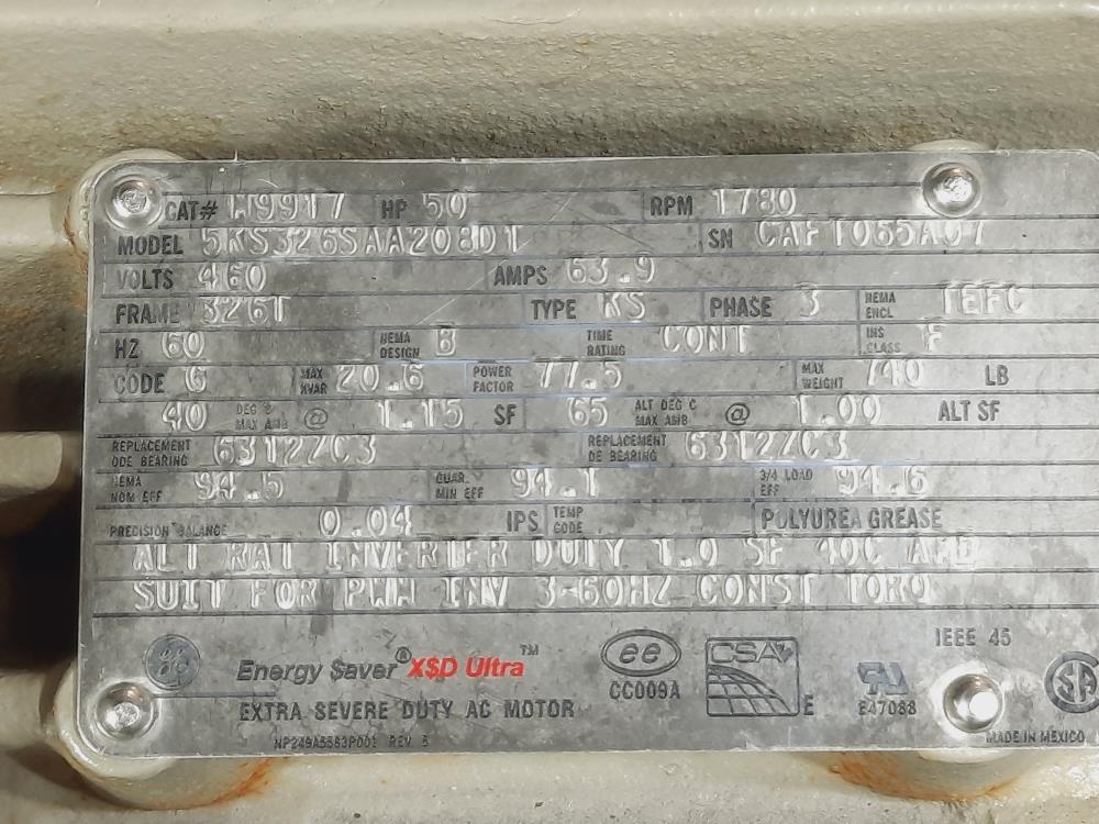 GE Motor, 50HP, 1780 RPM, Model#: 5KS326SAA208 D1, 460 VAC, 326T Frame