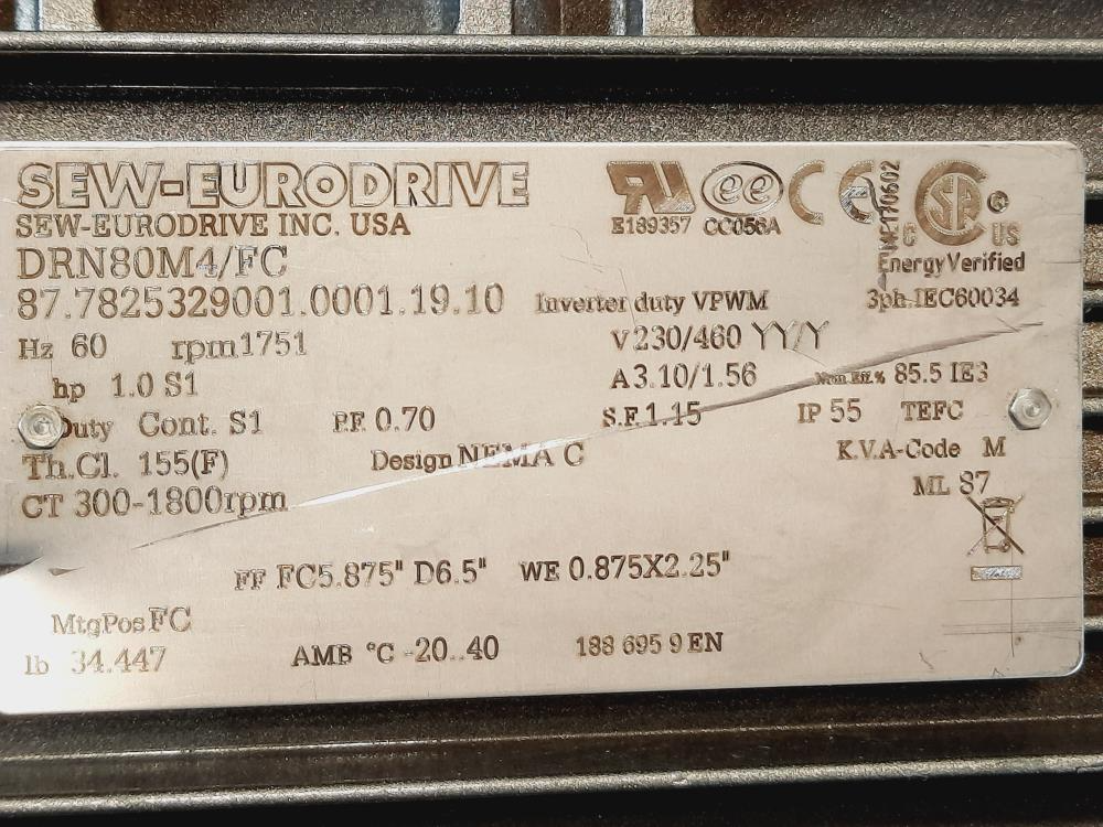 Sew-Eurodrive Motor DRN80M4/FC, 1HP, 1751 RPM 