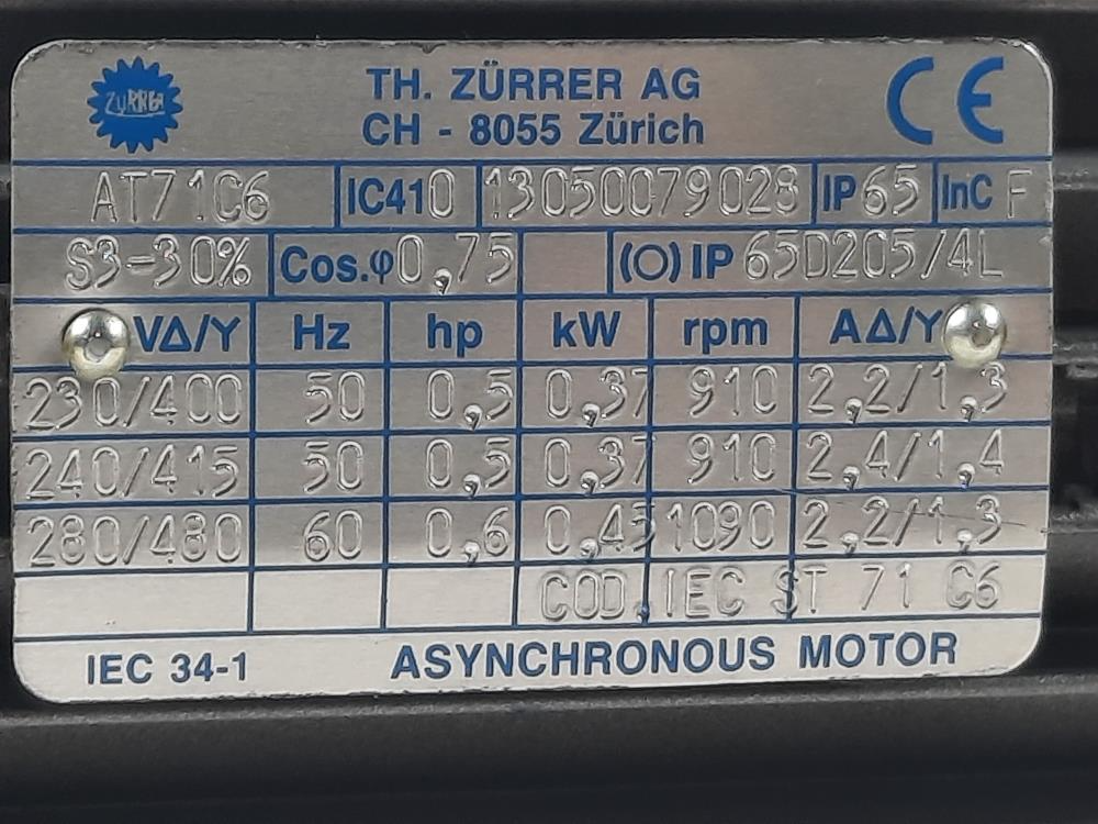 Zurrer AG CH-8055 Zurich Motorized Gear Reducer Model: 80 