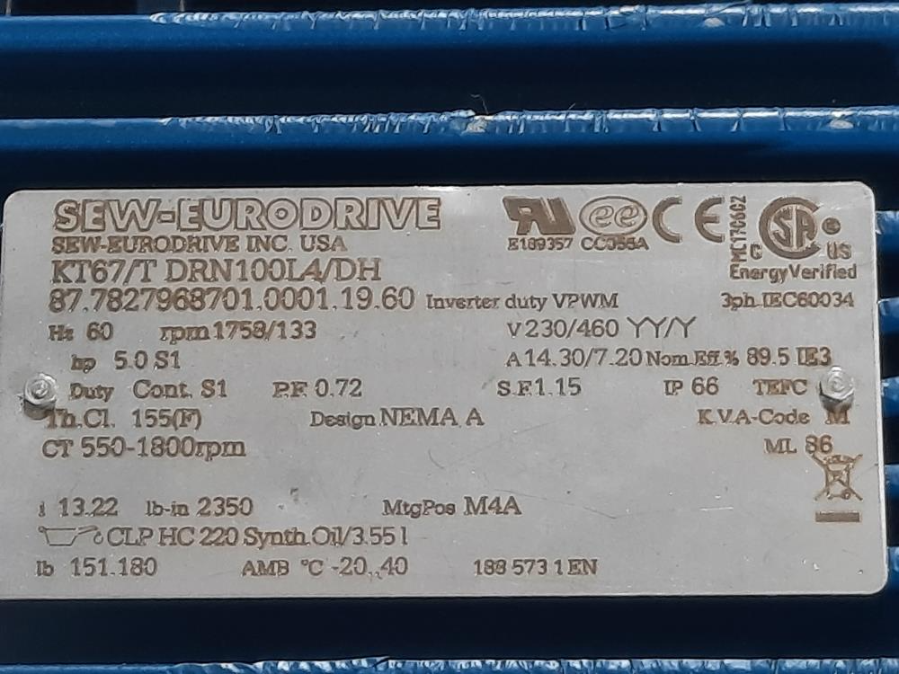Sew-Eurodrive Gearbox KT67/T DRN100LA/DH W/ HP5.0