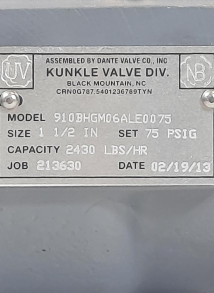 Kunkle 1-1/2" X 2-1/2"  NPT 75# WCB Relief Valve 910BHGM06ALE0075