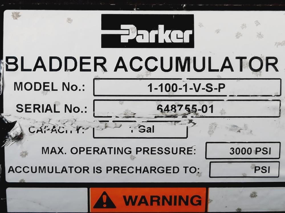 Parker 1-Gallon Bladder Accumulator, 3000 PSI, Model# 1-100-1-V-S-P