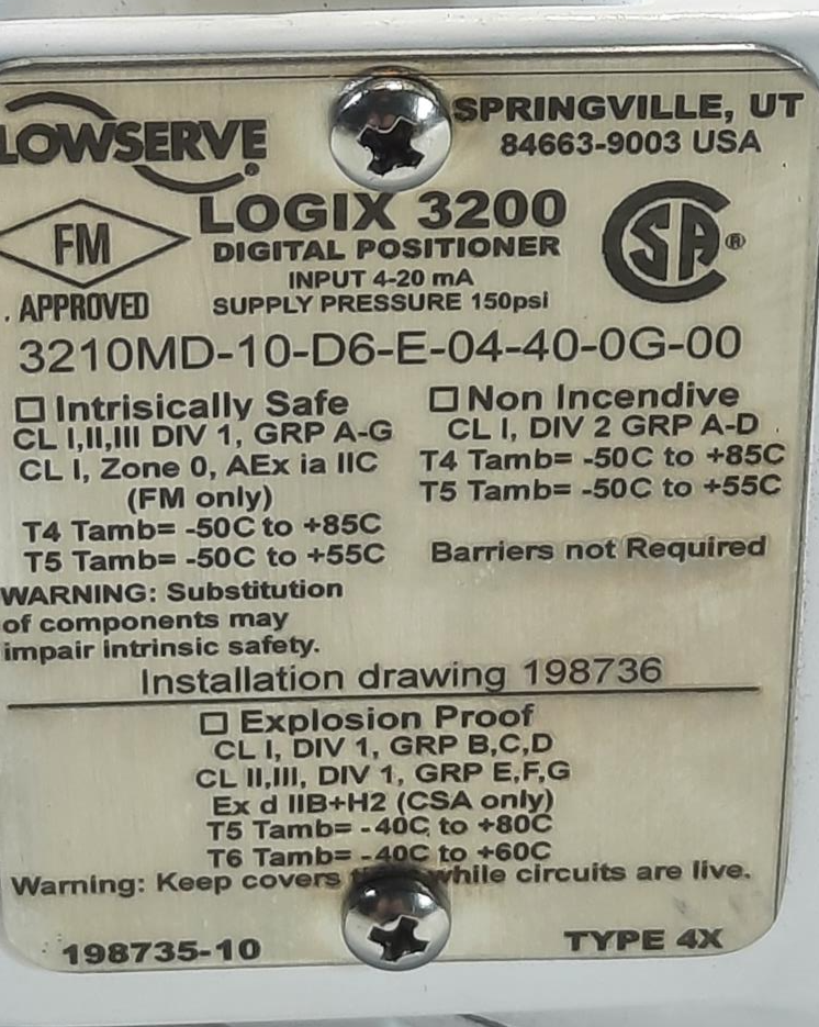 Flowserve Logix 3200MD Digital Positioner 3210MD-10-D6-E-04-40-0G-00
