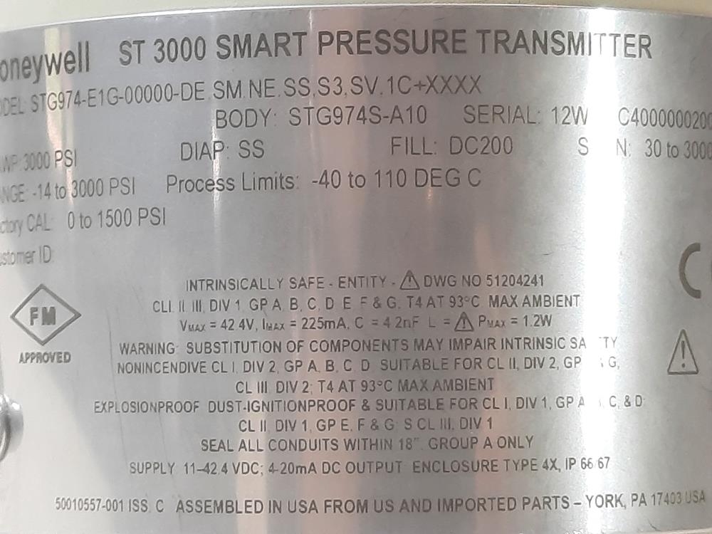 Honeywell ST 3000 Smart Pressure Transmitter STG974-E1G-00000-DE SM NE SS ,S3,SV