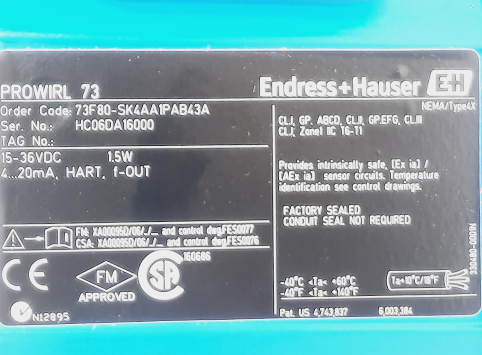 Endress Hauser Prowirl F 3" 150# Stainless Flow Meter 73H80-SK4AAIPAB43A