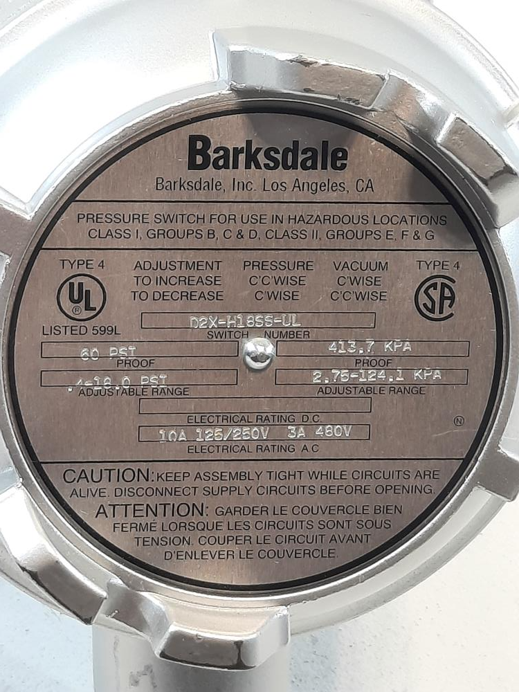 Barksdale Explosion Proof Diaphragm Switch # D2X-H18SS-UL