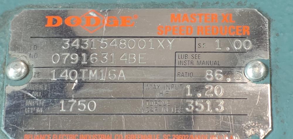 Dodge Master Speed Reducer 140TM16A w/Reliance Motor P14H3591S