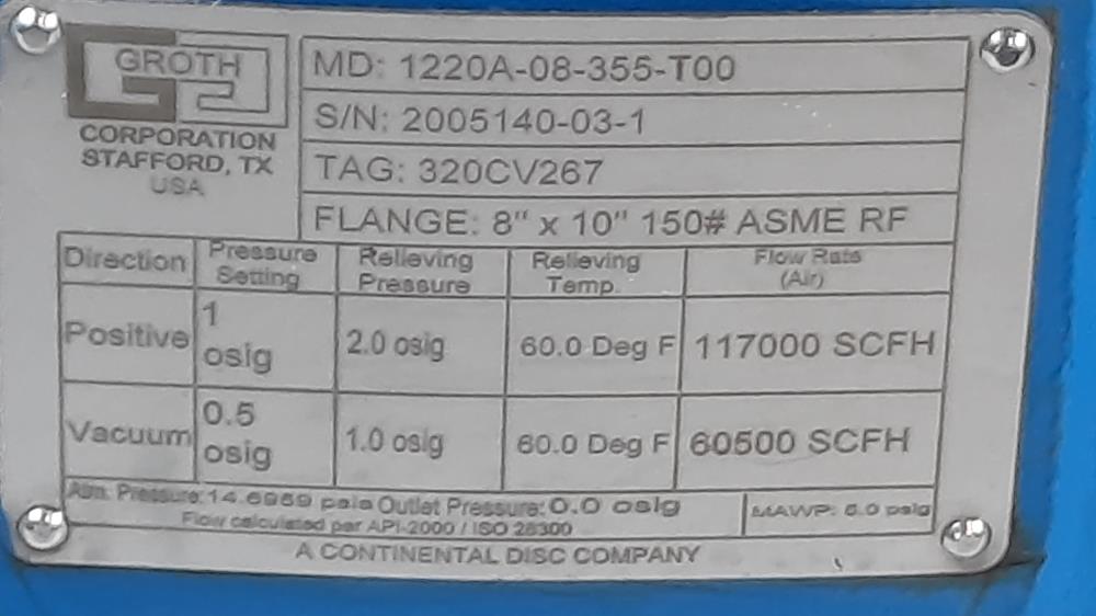 Groth 8" X 10" WCB Pressure Vacuum Relief Valve w/ Pipe Away 1220A-08-355-T00