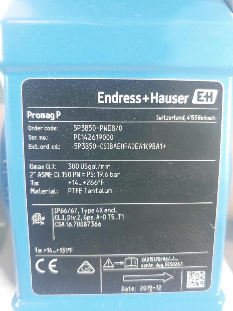 Endress Hauser 2" Electro Magnetic Flow Meter 5P3B50-PWE8/0