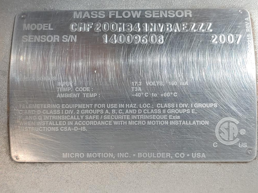 Micro Motion  2" x 1.5" 300# Coriolis Mass Flowmeter CMF200M341NVBAEZZZ