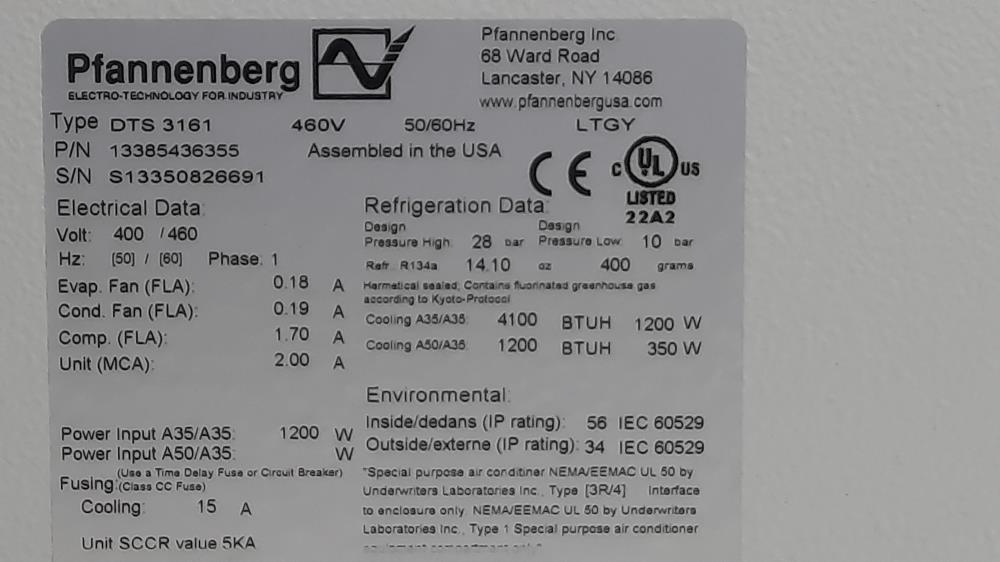Pfannenberg DTS 3161 Series Air Conditioner 13385436355