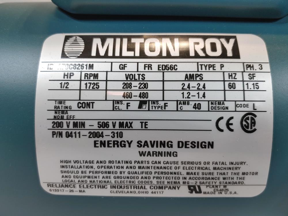 Reliance Electric Milton Roy 1/2 HP Motor 0411-2004-310, A79C8261M