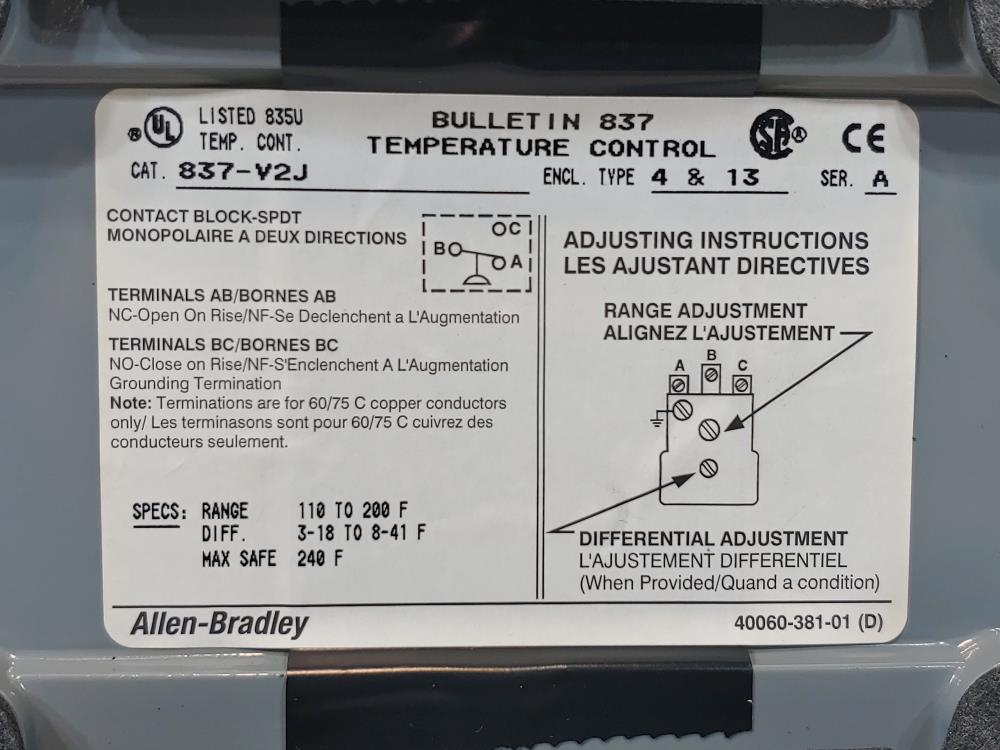 Allen-Bradley Temperature Control Switch Cat #: 837-V2J