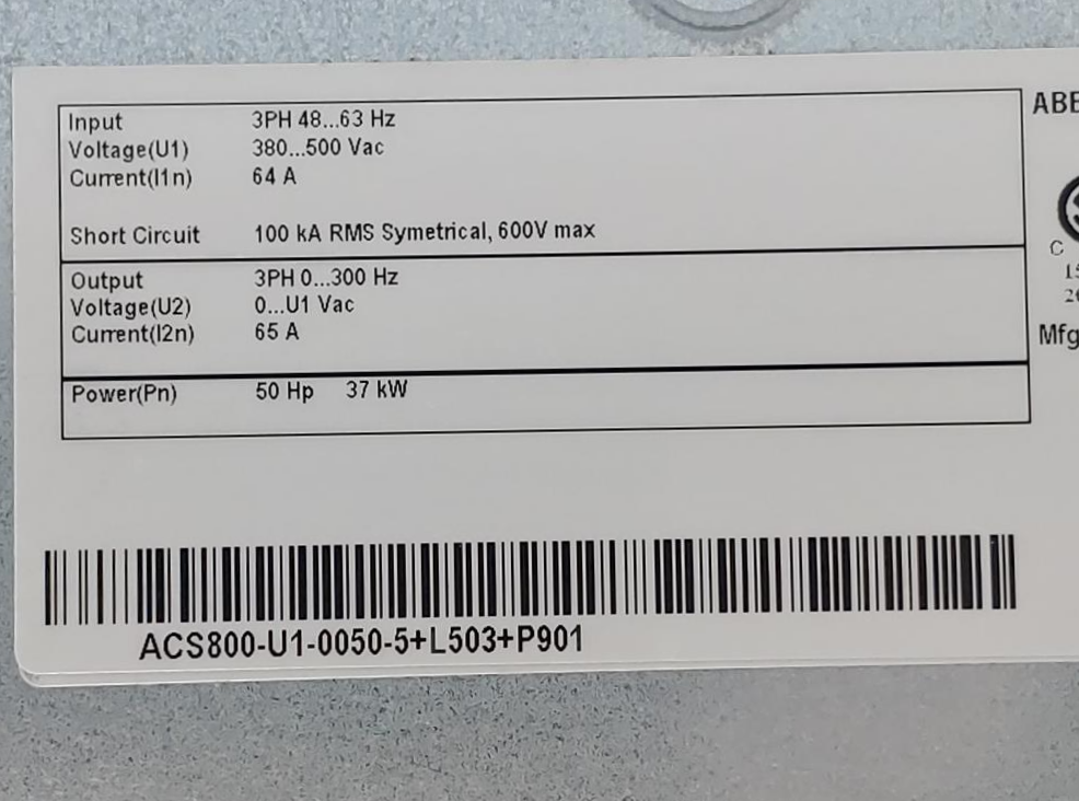 ABB 3 Phase Variable Speed Drive #ACS800-U1-0050-5+L503+P901