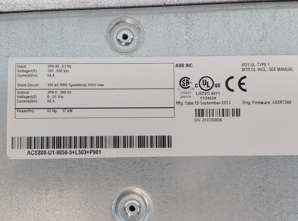 ABB 3 Phase Variable Speed Drive #ACS800-U1-0050-5+L503+P901