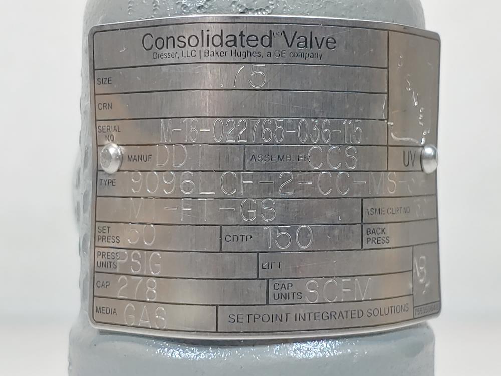 Dresser Consolidated 1" x 1" NPT WCC Relief Valve 19096LCF-2-CC-MS-3