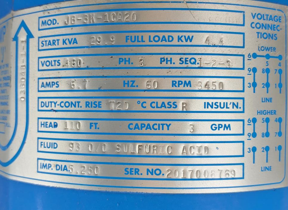 ChemPump 1" x 3/4" Canned Motor Pump JB-3K-1CA20,  Start KVA 29.9