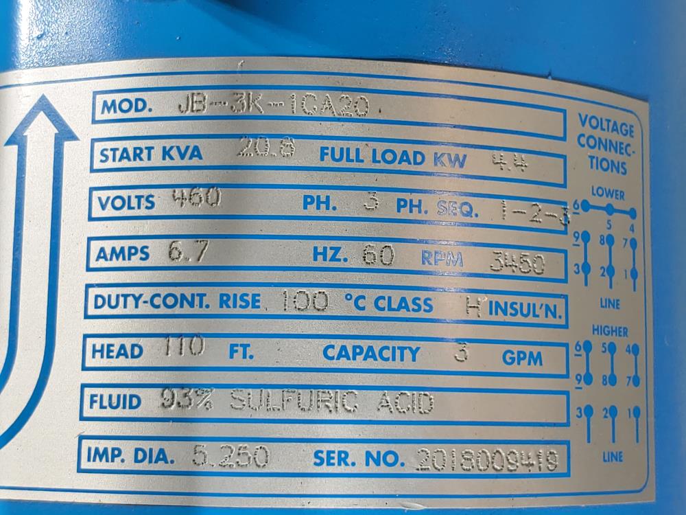 ChemPump 1" x 3/4" Canned Motor Pump JB-3K-1CA20,  Start KVA 20.8