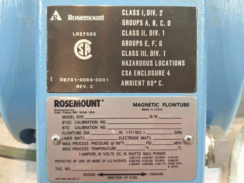 Rosemount 2" 150# Magnetic Flowtube, PTFE Lined, #8701TSA020C1L1N5