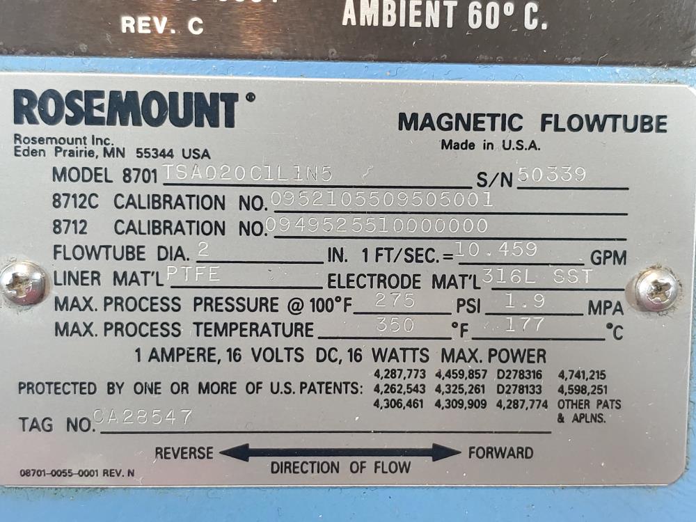 Rosemount 2" 150# Magnetic Flowtube, PTFE Lined, #8701TSA020C1L1N5