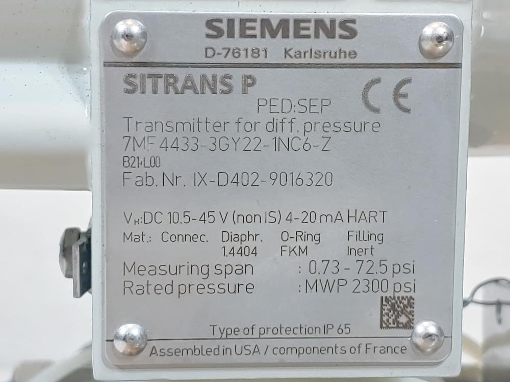 Siemens Sitrans P Trasmitter for Absolute Pressure 7MF4433-3GY22-1NC6-Z