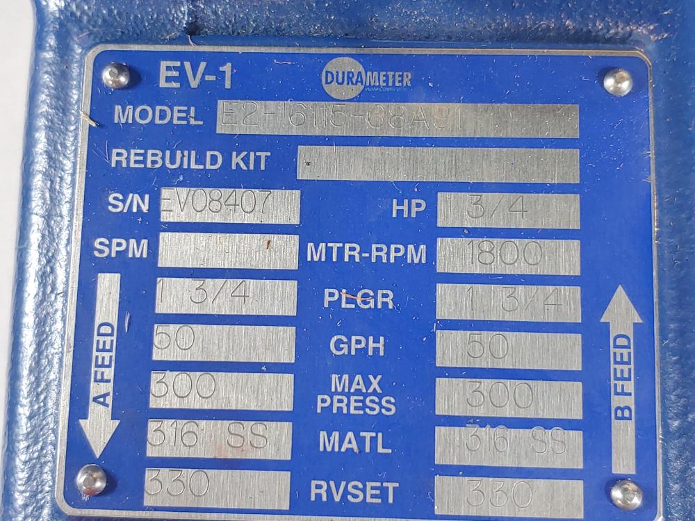 Milton Roy Durameter EV1 Duplex Metering Pump #E2-16115-68A91 w/ 3/4 HP Motor