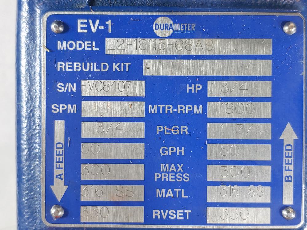 Milton Roy Durameter EV1 Duplex Metering Pump #E2-16115-68A91 w/ 3/4 HP Motor