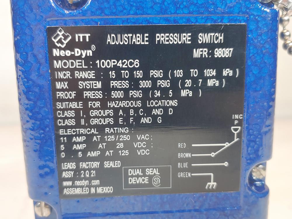 ITT Neo-Dyn 15 to 150 PSIG Adjustable Pressure Switch, Model#: 100P42C6