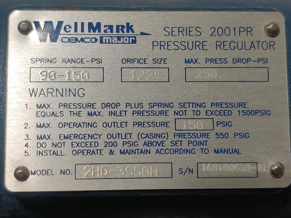 Wellmark Series 2001PR Pressure Regulator Model 2HD-3S50N