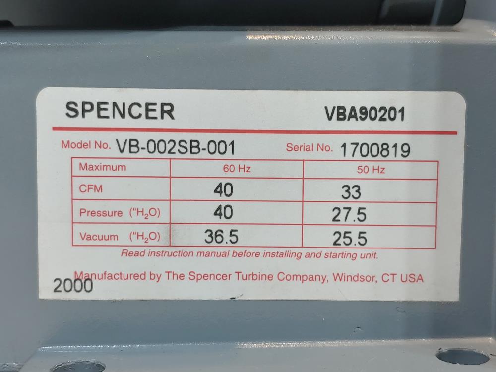 Spencer Vortex Blower, VB-002SB-001 w/ .25 TE HP Motor, 300 RPM
