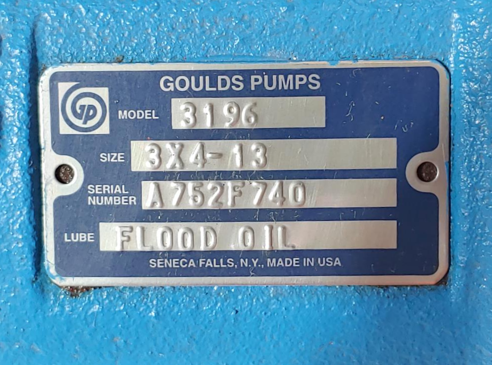 Goulds 3196 i-Frame Centrifugal Pump, Nickel, 3"x4"-13 "NO MECH SEAL"